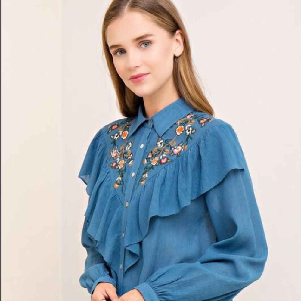 Embroidered Button Up Blouse with Ruffle - Picture 4 of 6
